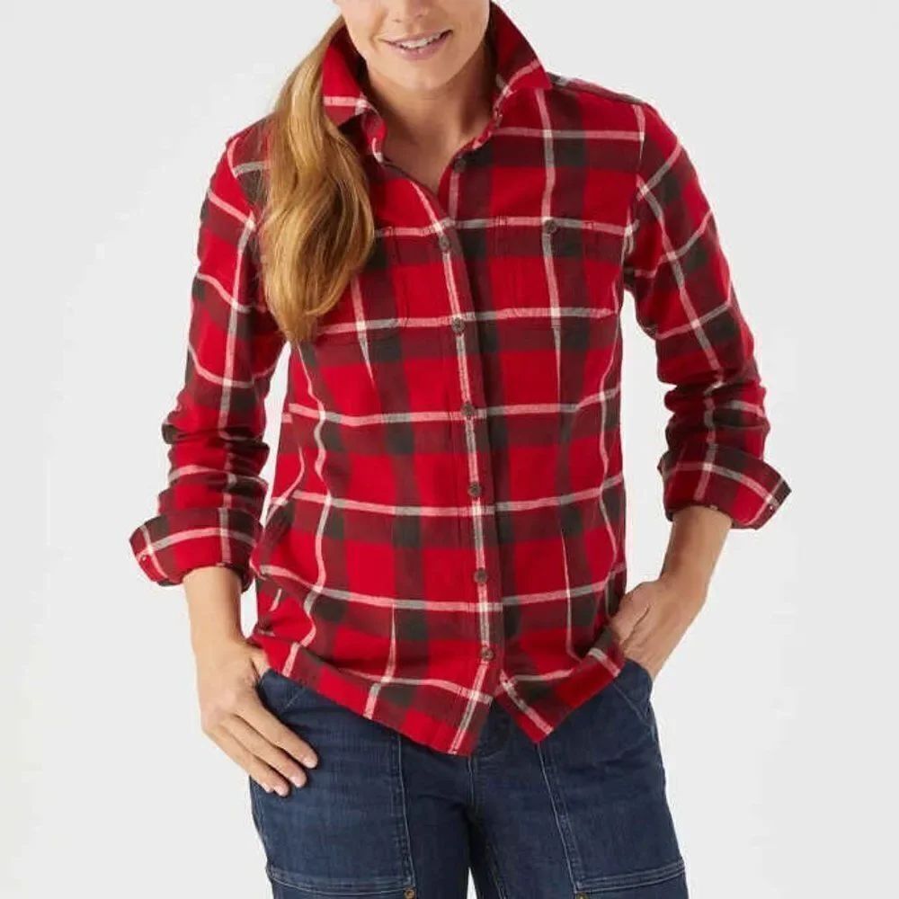 Duluth Trading Women's Free Swingin' Flannel Shirt Classic Crimson Red Plaid XS